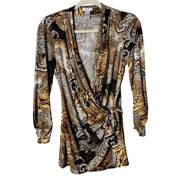Cache Womens Animal Tiger Paisley Print Stretchy Elegant Surplice Wrap Blouse M - Picture 1 of 10